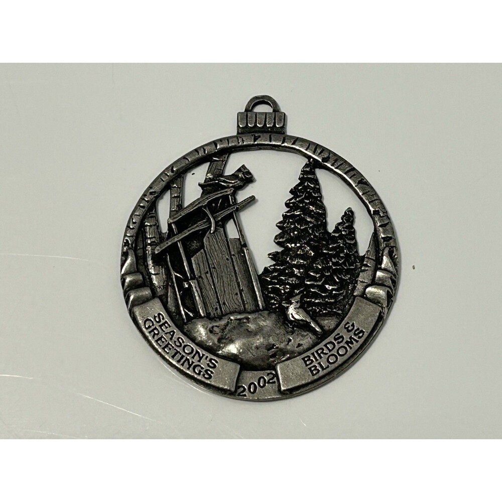 Birds & Blooms Pewter Christmas Ornament VTG 2002 Seasons Greetings ~ 2"